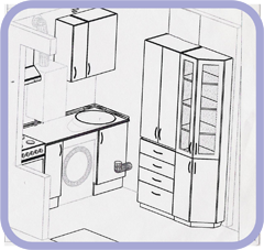 прямая небольшая кухня + высокий шкаф для посуды